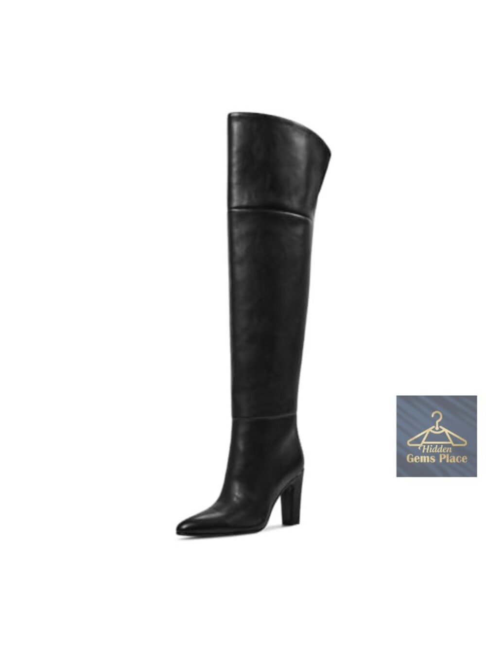 Wide Calf Over Knee Boots, Chunky Block Heel, Pointed Toe Faux Leather